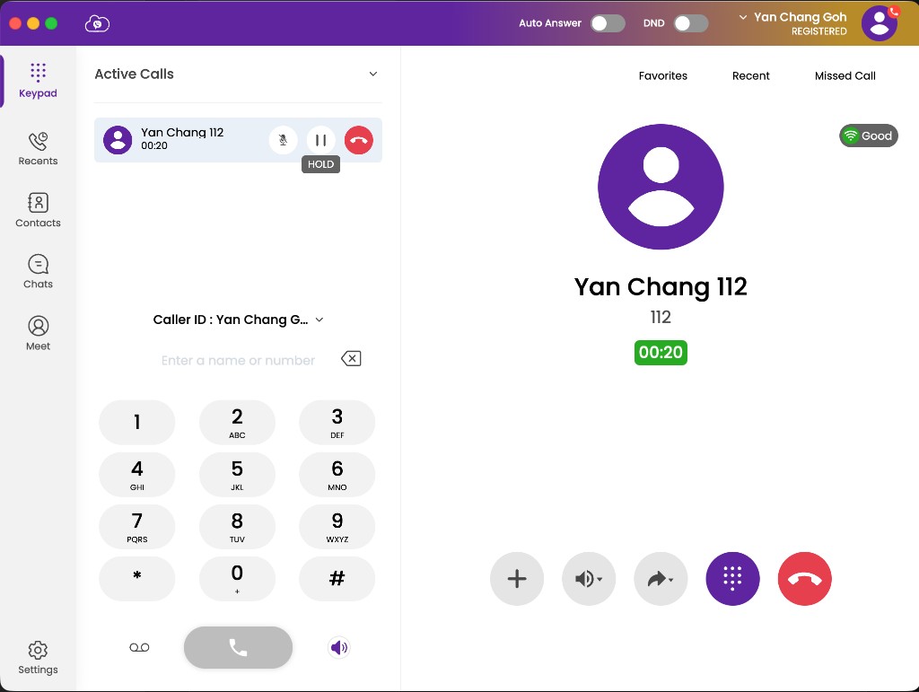 Active call showing HOLD control on CloudPLAY Softphone desktop