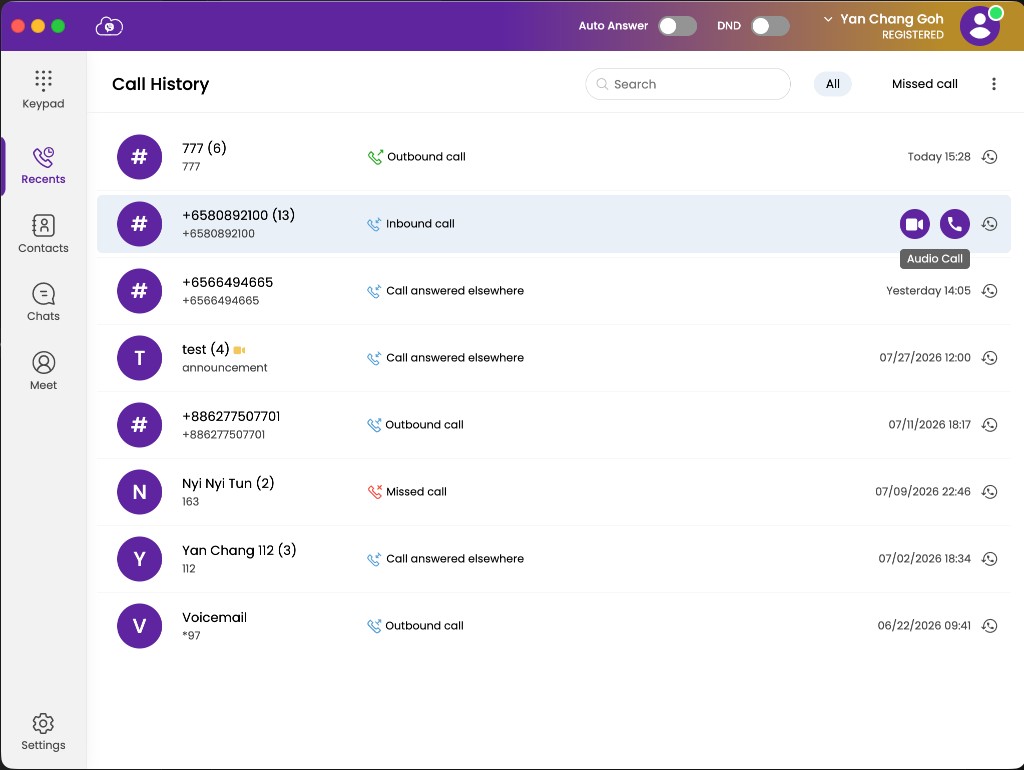 Recents / call history showing missed calls and a Voicemail entry