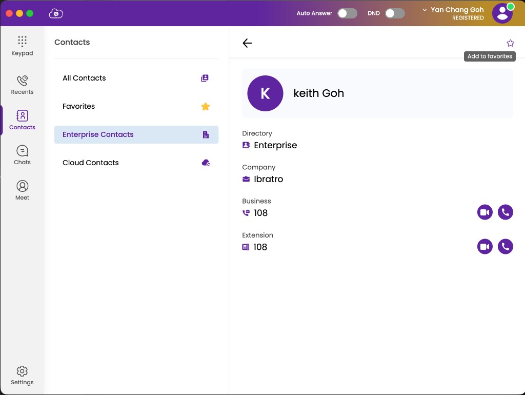 Enterprise contact card with favourites/BLF controls