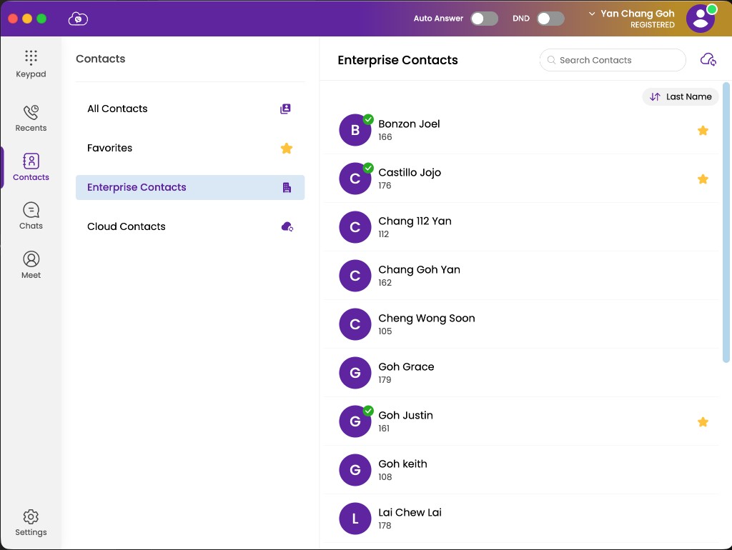 Enterprise contacts list with favourite stars and availability indicators