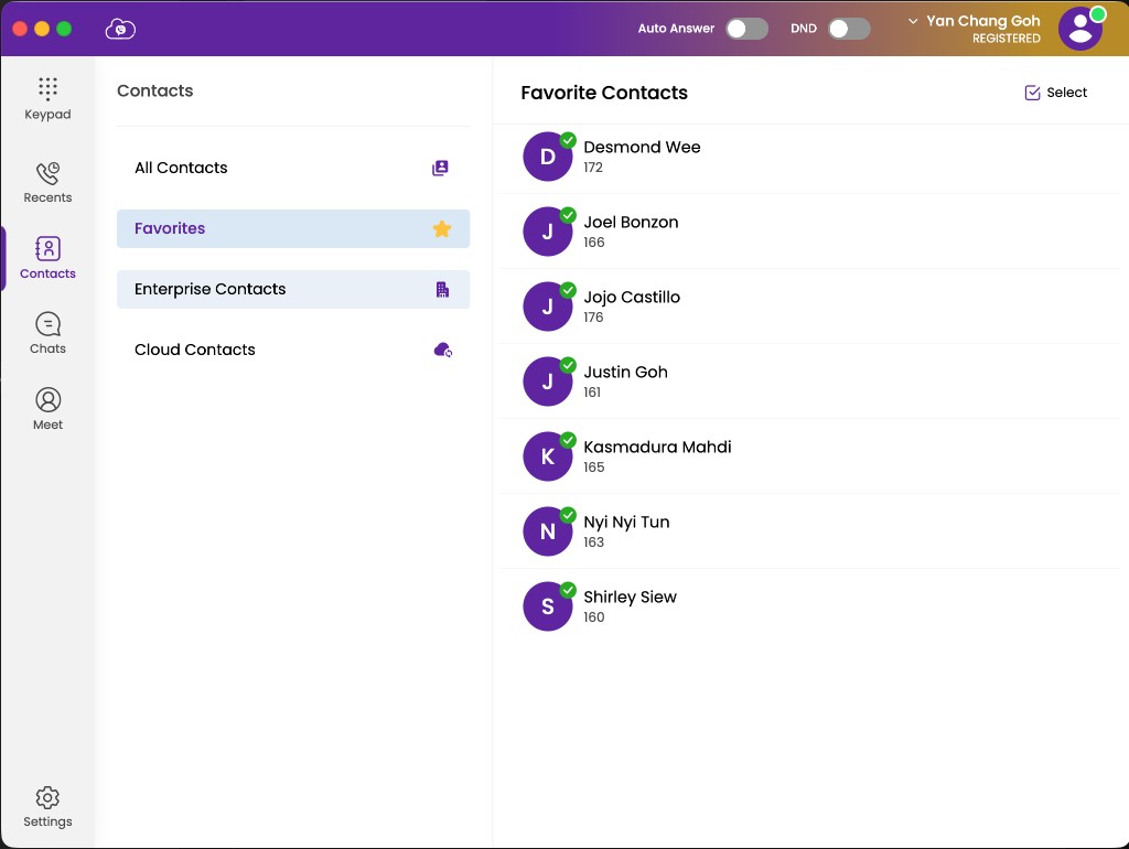 Favourites list showing enterprise contacts with availability/BLF indicators