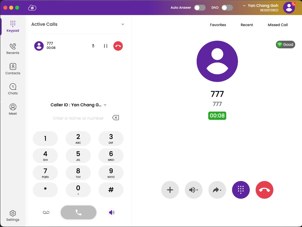 Desktop Softphone dial pad showing audio/video call buttons