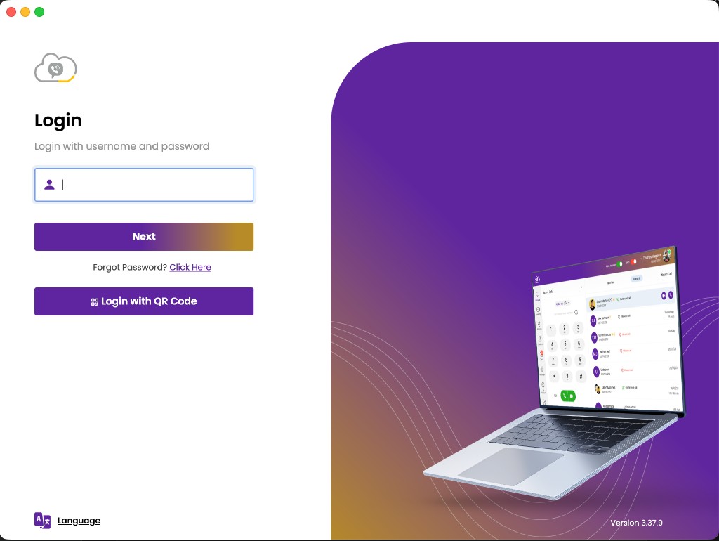 Desktop login screen showing username/password, Next, Forgot password, and Login with QR Code