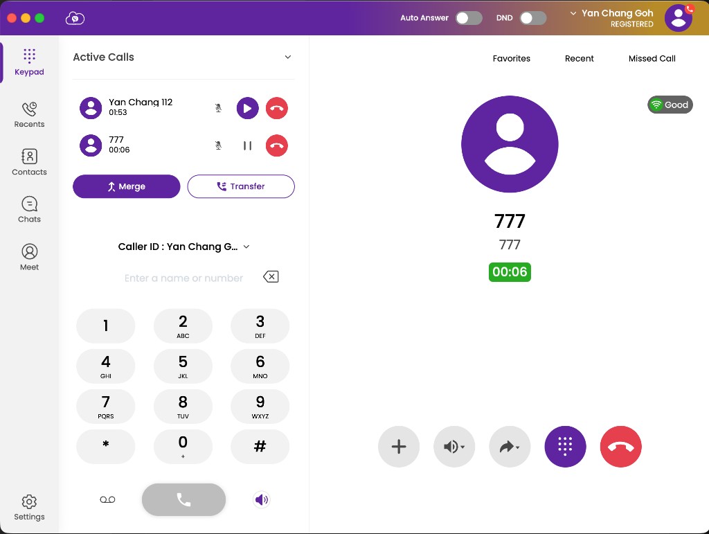 Conference call controls showing Merge and Transfer options