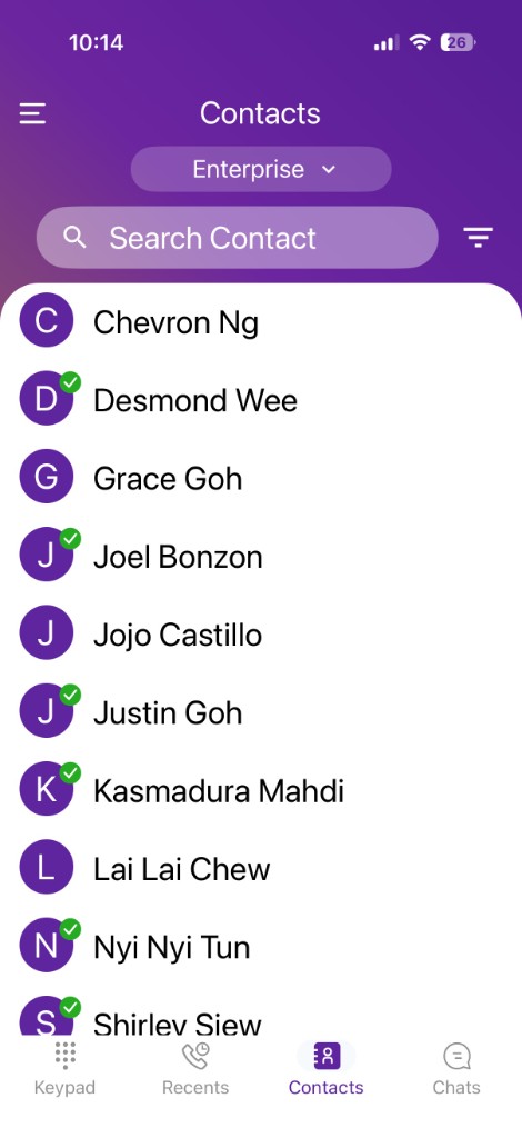 Contacts screen filtered to Enterprise directory