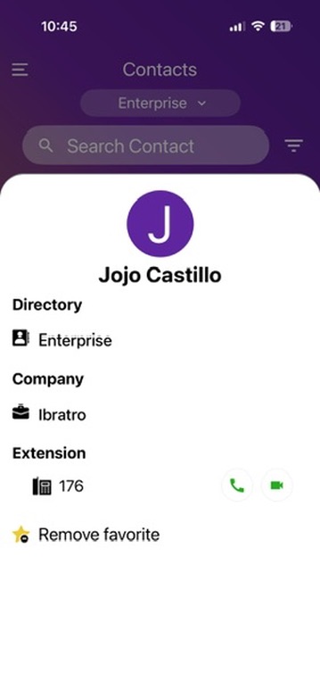 Enterprise contact card showing extension and Add favorite or Remove favorite option