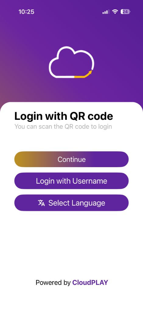 Login with QR code screen showing Continue and Login with Username options