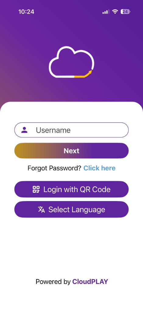 Login screen with username field, Next button, and Login with QR Code option