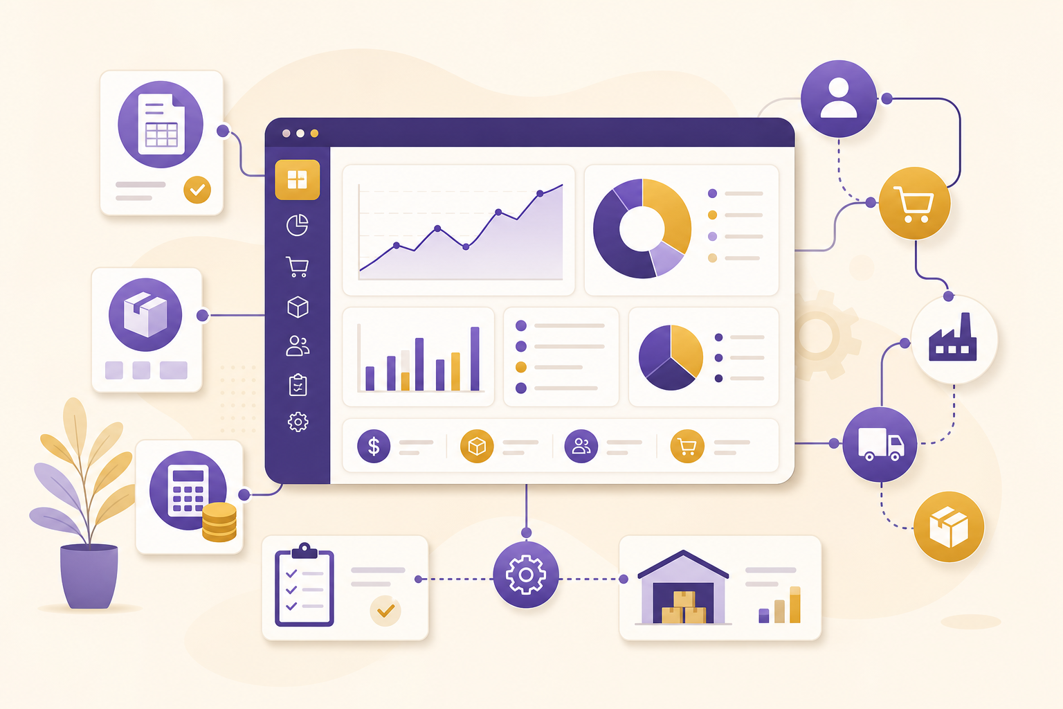 Illustration of an integrated ERP dashboard with charts and business workflows