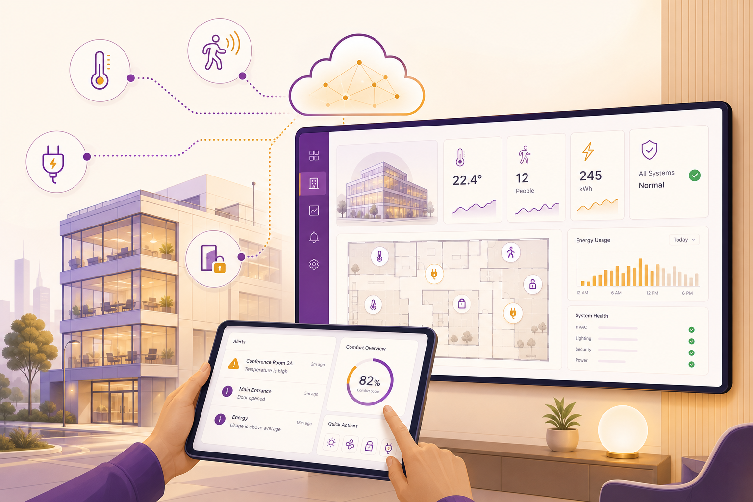 Illustration of a cloud IoT dashboard monitoring sensors across a connected building