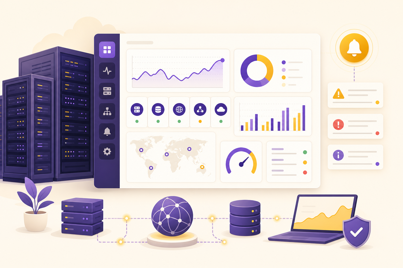 Illustration of IT infrastructure monitoring dashboards and server health metrics