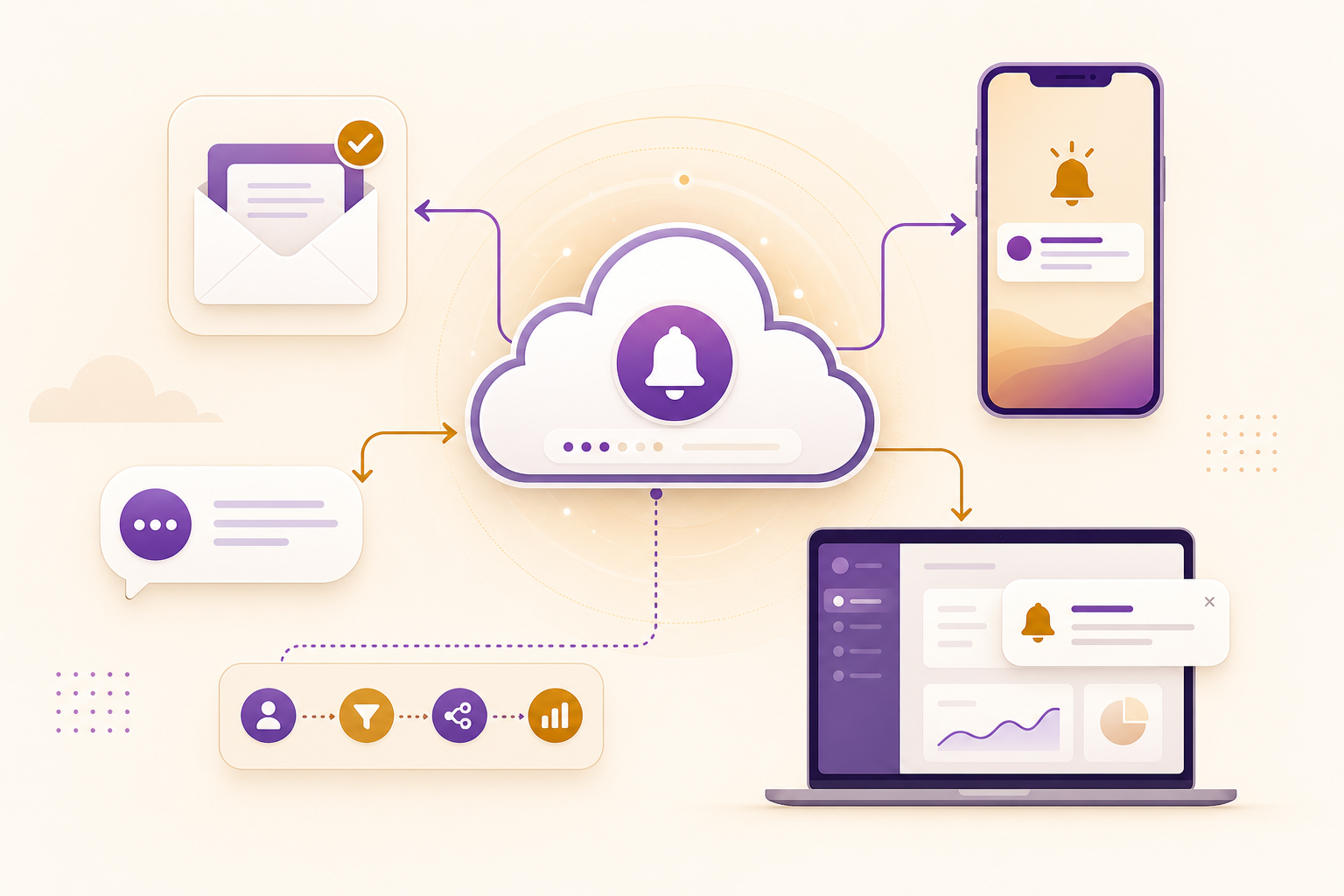 Illustration of a cloud notification platform sending alerts to email, mobile, and in-app channels