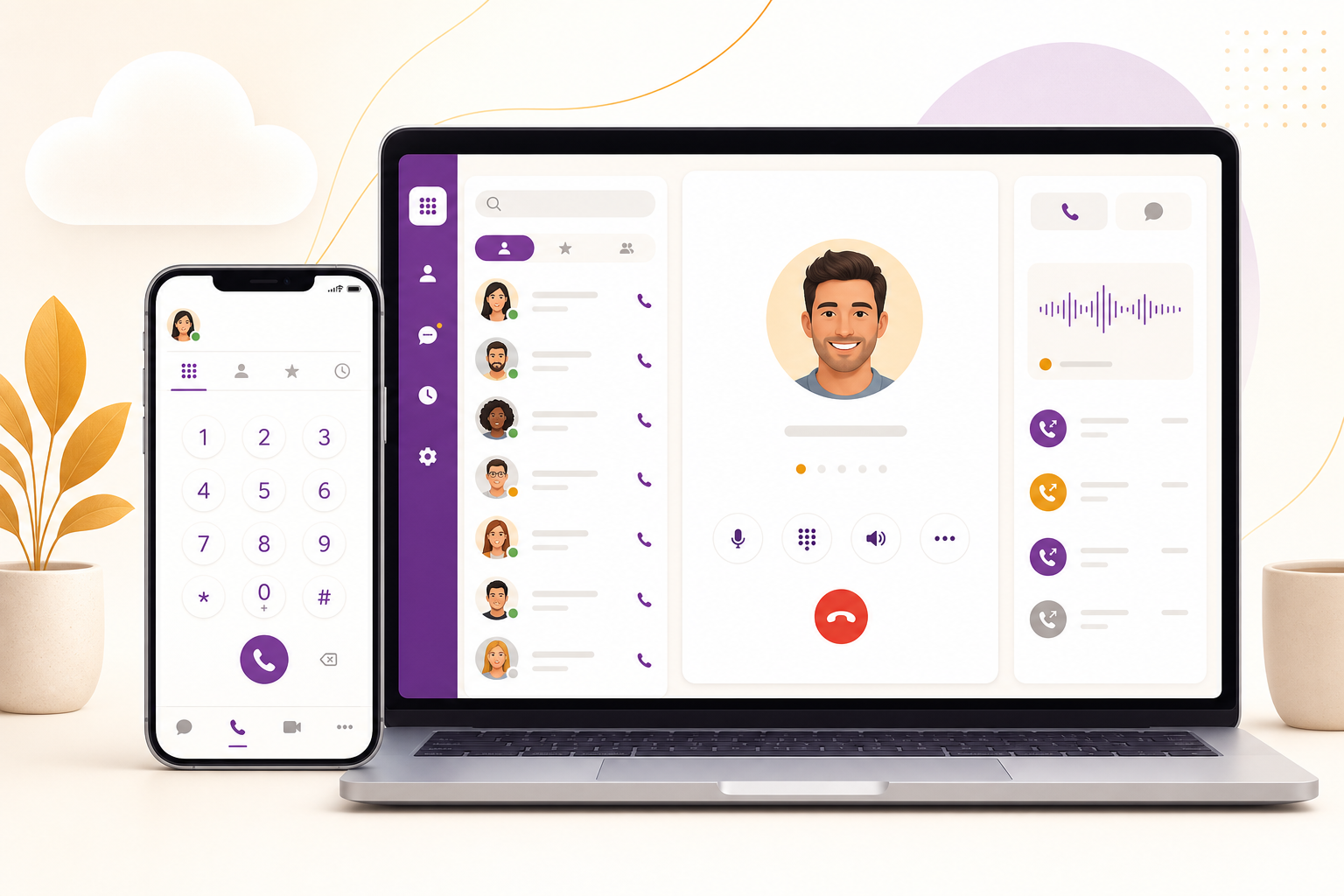 Illustration of a mobile and desktop softphone app with dialer and contact screens