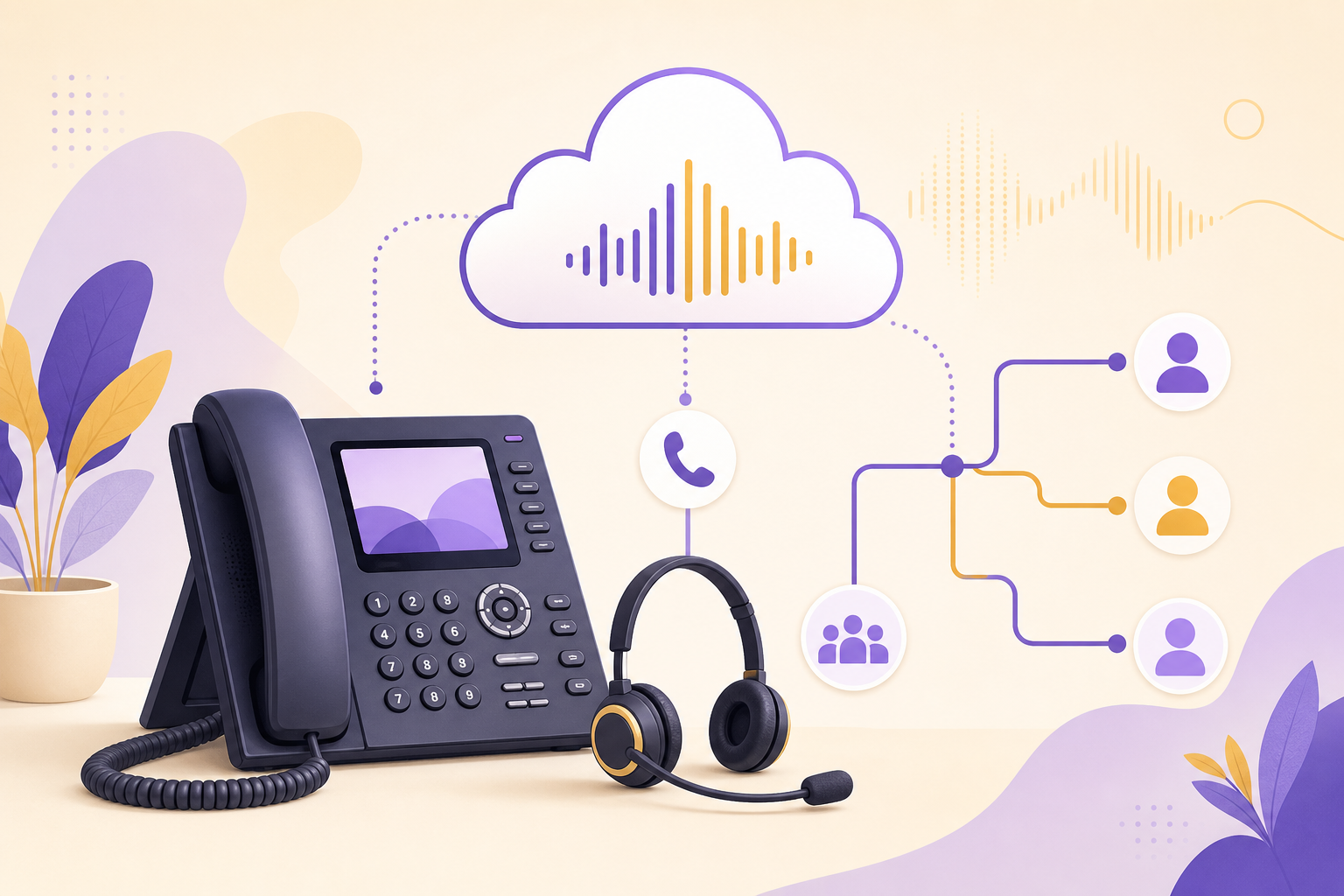 Illustration of a cloud phone system with VoIP routing and handsets
